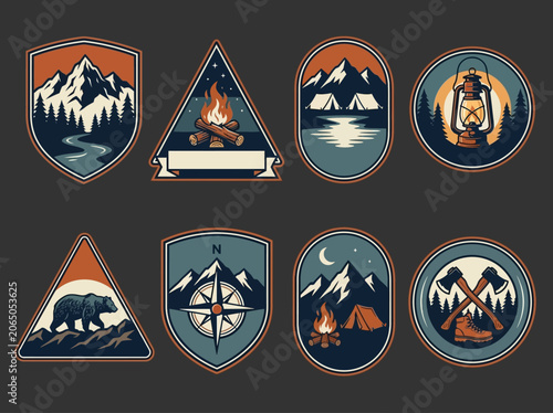 Vintage Camping and Outdoor Adventure Badge Set Featuring Mountains, Wildlife, and Hiking Elements