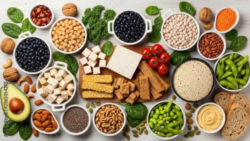 Assorted vegan protein sources flat lay arrangement.