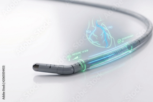 Advanced steerable catheter tip projecting a green holographic cardiac map and vessel validation diagnostic overlay