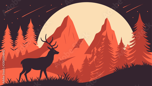 Foto Deer standing in front of a moonlit mountain landscape