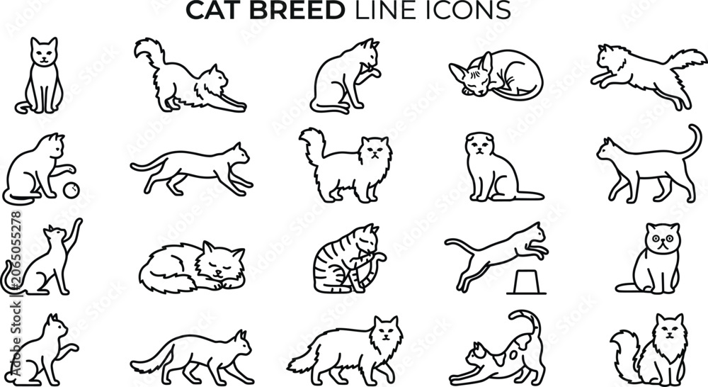 Obraz premium Huge bundle of cat breed line icons showcasing different feline domestic pets and characters vector design