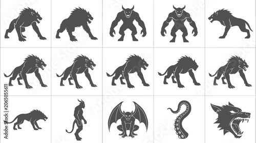Εκτύπωση καμβά Creepy werewolf and monster silhouettes posing isolated on transparent backgroun