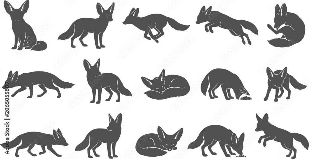 Obraz premium Fennec fox silhouette vector collection illustrating desert animals running jumping sleeping and sitting