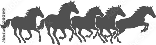 Foto Herd of five wild horses galloping together silhouette on a transparent backgrou