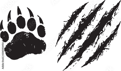 Grizzly bear paw print, claw marks, black vector icons, wildlife symbols, grunge style illustrations