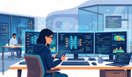 Machine learning engineer monitoring AI model training