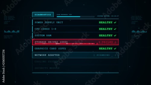 Computer diagnostics screen displaying system status with storage drive failure on dark digital background