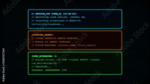 Digital interface displaying hacker data and cybersecurity alerts on a dark black background