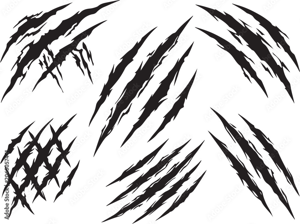 Obraz premium Gothic claw marks, scratch vector set, black grunge textures, horror elements