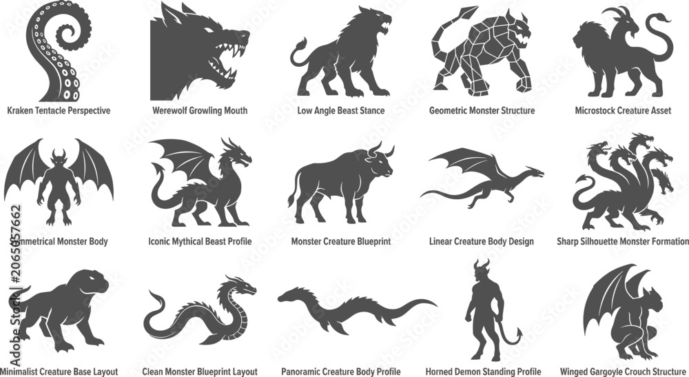 Obraz premium Mythical beast and monster silhouettes with text standing isolated on white