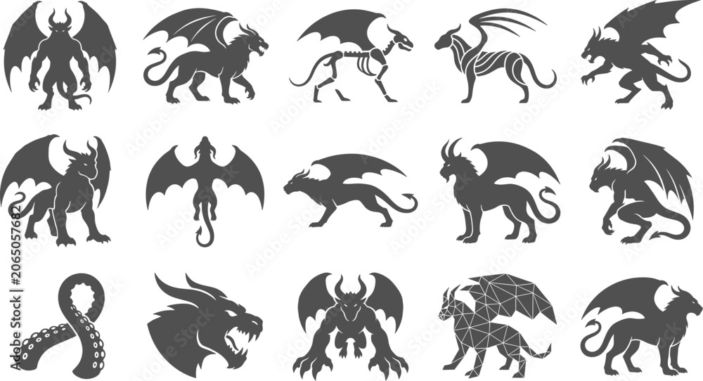 Obraz premium Mythical dragon and monster silhouettes standing isolated on transparent background