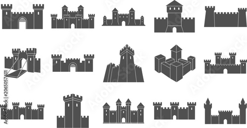 Fotografie Medieval fortress and castle silhouettes standing isolated on transparent backgr