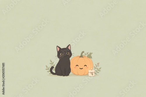 Cute pastel Halloween celebration illustration with spooky decorations, pumpkins, and characters.
