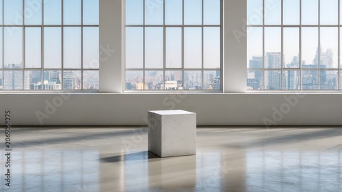 Small Product Ad Podium Tiny concrete podium in a modern loft industrial vibe large windows with city views empty spot for a minimalist product