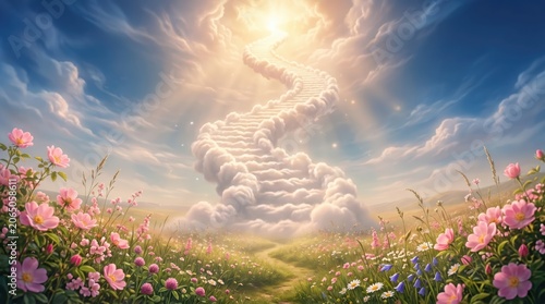 Cloud staircase rising from flower meadow toward bright sunlit sky, winding path through grassy field with wildflowers, serene dawn atmosphere
