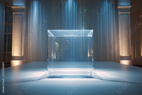 Luxury and High-End Podium Crystal-clear empty podium with hidden LED lights high-fashion runway backdrop chic and glamorous
