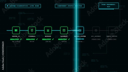 Computer system interface scanning components showing healthy status and progress on dark background with blue light