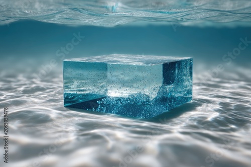 Abstract and Creative Podium Transparent water-filled empty podium rippling surface underwater scene behind aquatic and tranquil mood