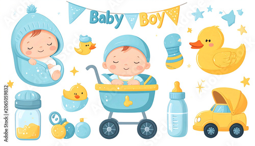 Cute nursery collection with baby boy, pacifier, rattle, toy car and banner, soft pastel colors, white background
