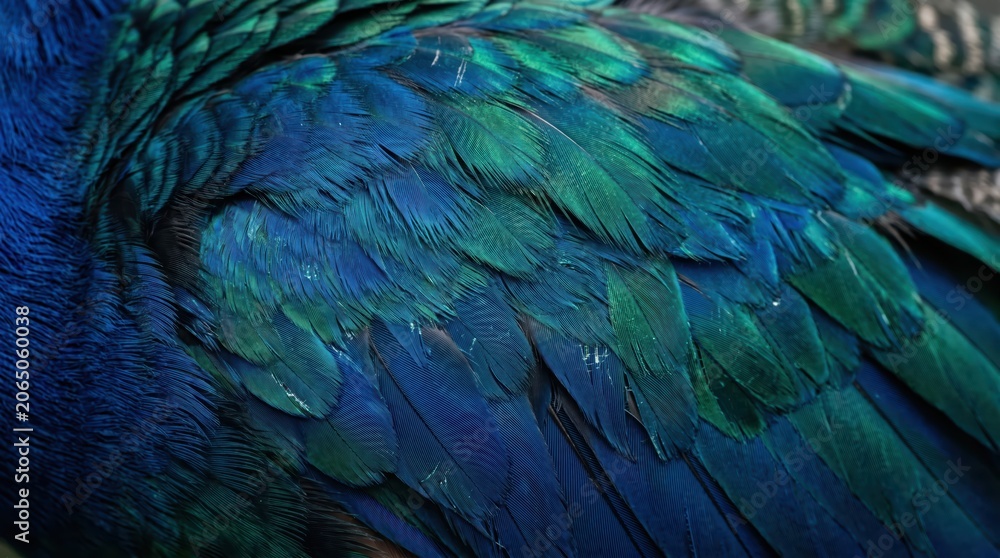 Obraz premium Macro close up of vibrant blue and green bird feathers with iridescent texture and fine barbs showing intricate pattern and natural gloss