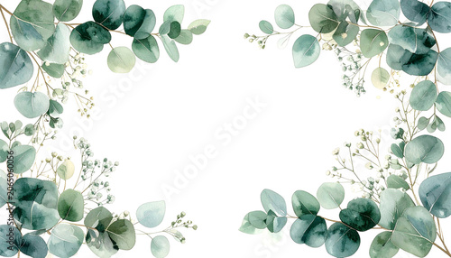 Watercolor floral border featuring eucalyptus leaves and delicate blooms, minimalist design, spacious white center
