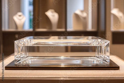 Luxury and Elegance Podium Crystal-clear empty podium in a jewelry store diamond-cut edges soft spotlight empty spot for a precious gemstone