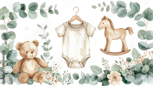 Elegant baby shower watercolor illustration, woodland theme, romper, eucalyptus and wooden toys, high detail