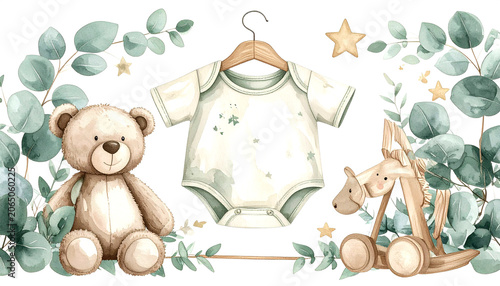 Delicate baby nursery artwork with romper, toy horse, magic wand and leaves, soft beige and sage colors
