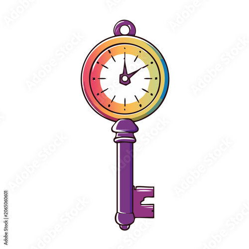 Colorful Key with Clock Face Illustration