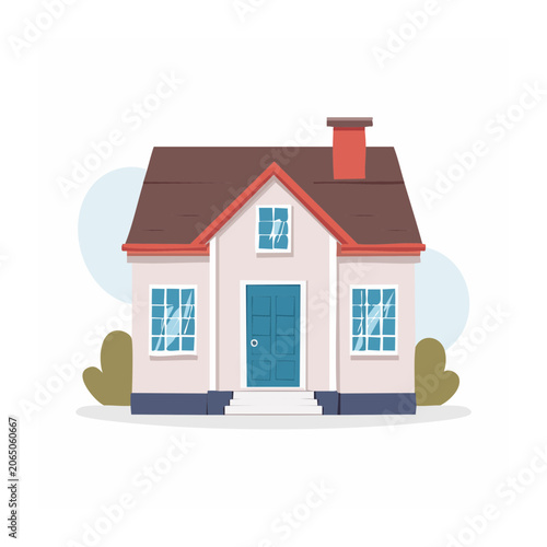 Flat design 3D render of a red house with blue windows