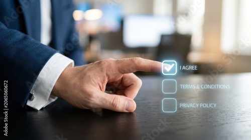 Businessman agreeing to terms and conditions on a digital interface