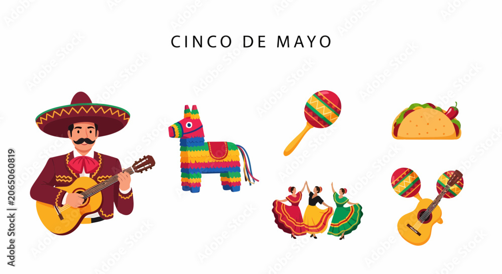 Fototapeta premium Flat Illustration of Cinco de Mayo festive colorful icons.