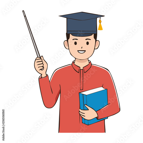Graduate holding book and pointer in flat design