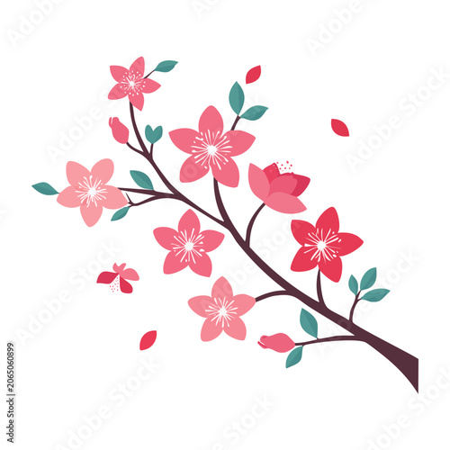 Pink cherry blossom branch with flowers and leaves