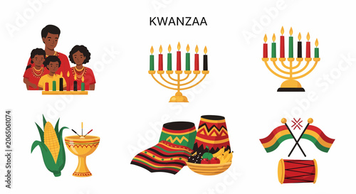 Фотография Modern Illustration set Kwanzaa symbols and cultural items.