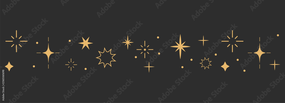 Fototapeta premium Celestial boho border with gold stars, golden line sparkle divider. Magic separator, spiritual decoration. shiny space elements, Festive lights on dark background