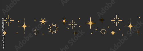 Celestial boho border with gold stars, golden line sparkle divider. Magic separator, spiritual decoration. shiny space elements, Festive lights on dark background