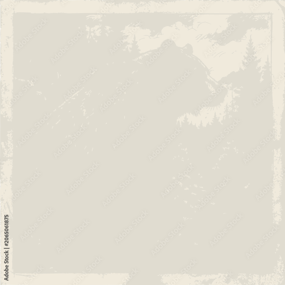 Fototapeta premium Retro Mountain Landscape with Evergreen Trees and Textured Border