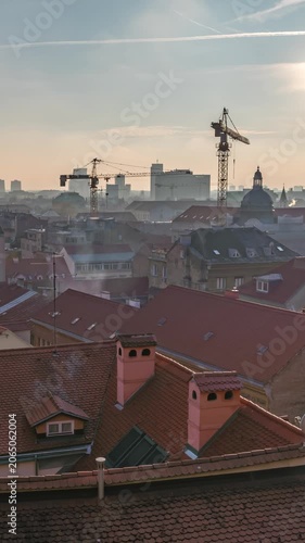 Zagreb Croatia time lapse sunset high angle view city skyline at new town (vertical)
