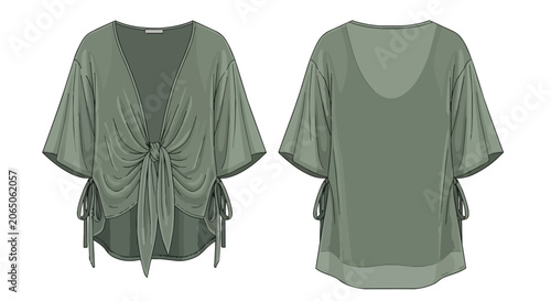 Women's Olive Green Tie Front Cardigan Technical Flat Sketch with Wide Sleeves and Side Knot Details Front and Back