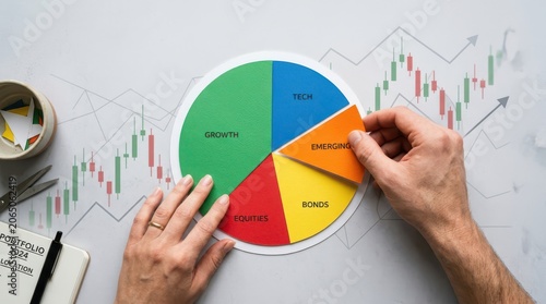 Financial portfolio allocation strategy pie chart illustrating investment distribution and market growth trends