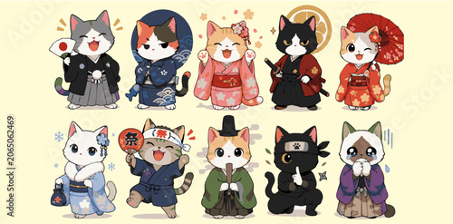 Картината върху платно Cute Japanese cat characters set, kawaii kitten in traditional kimono and samura