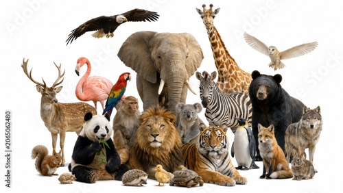 diverse group of wild animals including a lion, elephant, giraffe, tiger, panda, and others posed together on a white background.