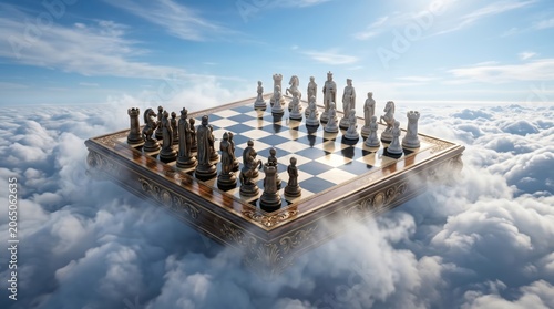 Ornate marble and metallic chessboard with full set of pieces positioned on cloud platform high in bright sky, strategic game scene above horizon conveying surreal abstract concept