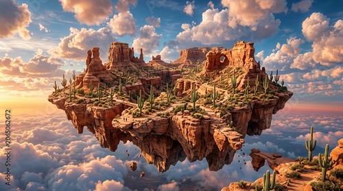 Sunlit floating red rock island with cacti and sandstone formations above cloud layer at golden hour capturing warm sunset tones and dramatic aerial desert vista in surreal landscape