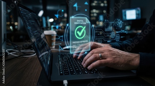 Digital verification process on laptop with green checkmark