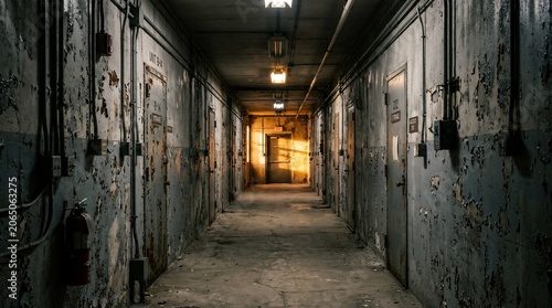 Dark abandoned hallway with peeling paint leading to a glowing exit door light.