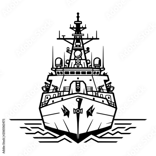 Foto Military Navy Warship Destroyer Front View Black and White Line Art Illustration