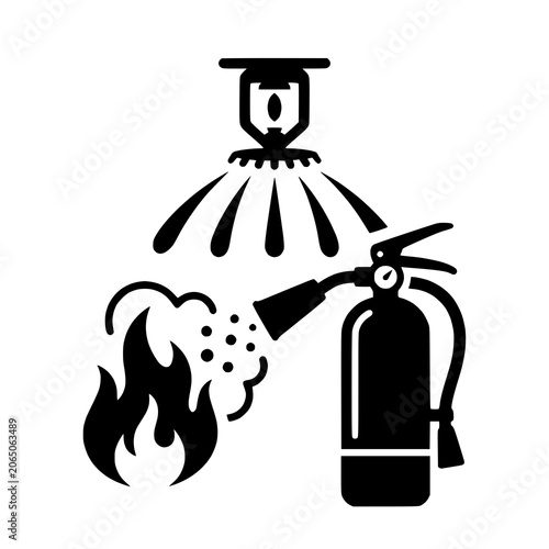 Fire Safety System with Sprinkler Fire Extinguisher and Flame Black Icon Illustration