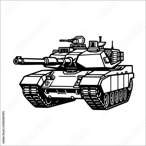 Military Battle Tank Line Art Outline Vector Illustration Side View